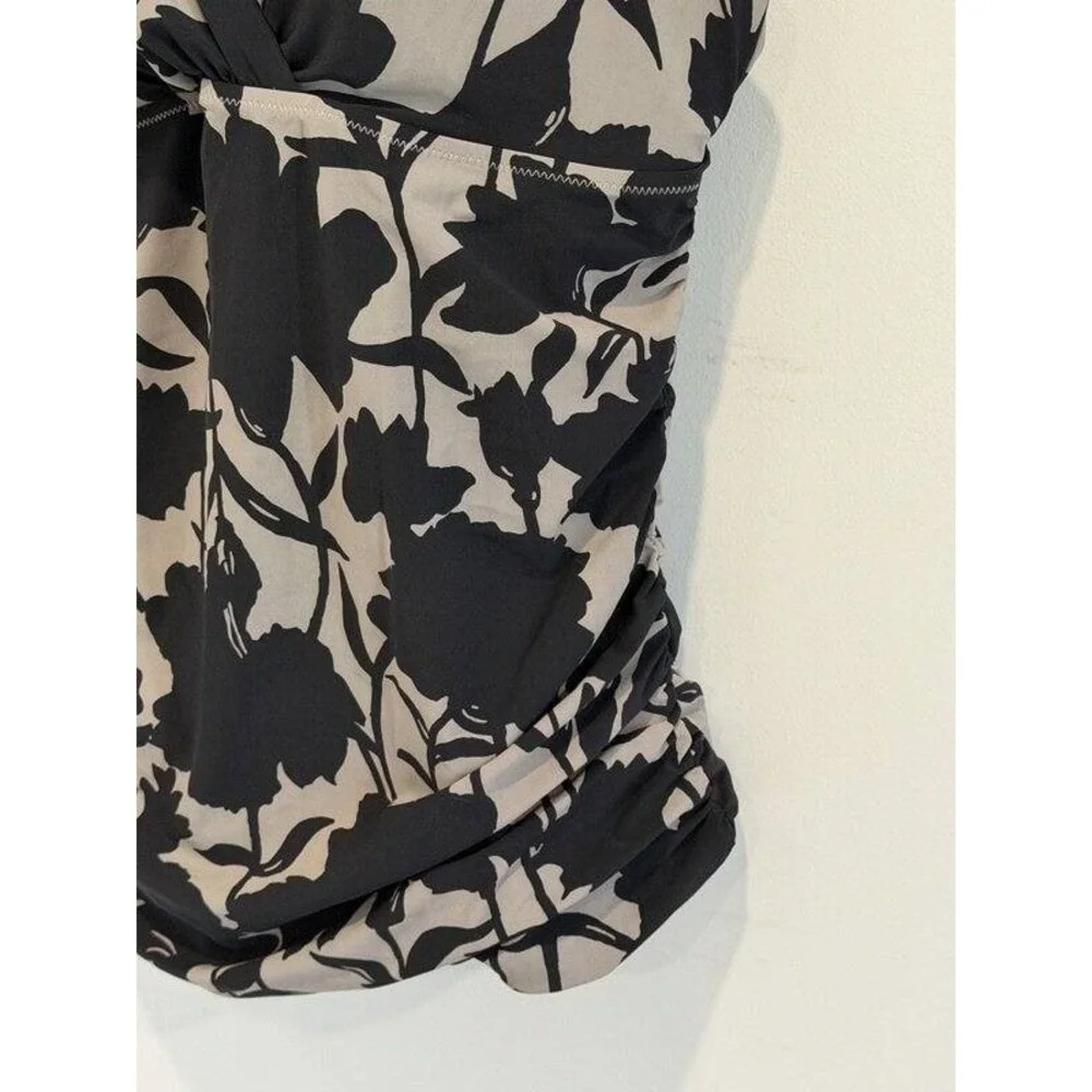 Lands End Black Gray Floral Print Swimsuit Tankini Top Slendersuit Size 18